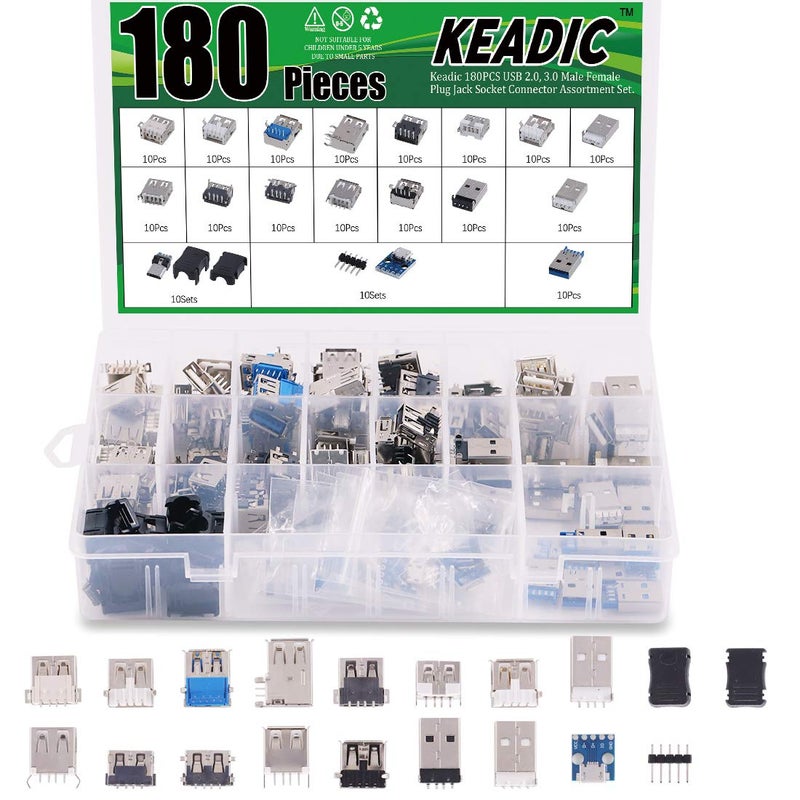 Keadic 180PCS Micro USB & USB 3.0 Male Female Jack Socket Connector Set: 150 Ports, 18 Different Sizes, Laptop, PC, Tablet & More - Image 1